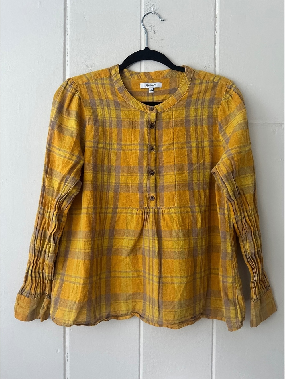 Madewell Yellow Plaid Leysfield Popover Blouse Cotton Linen Long Sleeve Sz Large